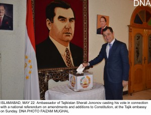 ISLAMABAD, MAY 22: Ambassador of Tajikistan Sherali Jononov casting his vote in connection with a national referendum on amendments and additions to Constitution, at the Tajik embassy on Sunday. DNA PHOTO FAIZAM MUGHAL