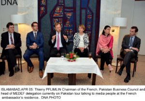 ISLAMABAD,APR 05: Thierry PFLIMLIN Chairman of the French, Pakistan Business Council and head of MEDEF delegation currently on Pakistan tour talking to media people at the French ambassadors residence.. DNA PHOTO