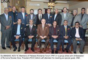 ISLAMABAD, NOV 15: Members of Pakistan Romania Forum (PRF) in a group photo with Ambassador of Romania Nicolae Goia. President RCCI Zahid Latif attended the meeting as special guest. DNA