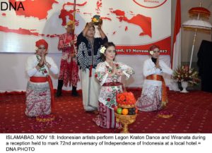 ISLAMABAD, NOV 18: Indonesian artists perform Legon Kraton Dance and Wiranata during a reception held to mark 72nd anniversary of Independence of Indonesia at a local hotel.=DNA PHOTO