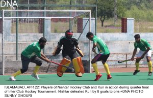 ISLAMABAD, APR 22: Players of Nishtar Hockey Club and Kuri in action during quarter final of Inter Club Hockey Tournament. Nishtar defeated Kuri by 8 goals to one.=DNA PHOTO SUNNY GHOURI