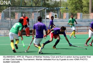 ISLAMABAD, APR 22: Players of Nishtar Hockey Club and Kuri in action during quarter final of Inter Club Hockey Tournament. Nishtar defeated Kuri by 8 goals to one.=DNA PHOTO SUNNY GHOURI