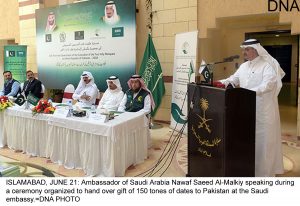 ISLAMABAD, JUNE 21: Ambassador of Saudi Arabia Nawaf Saeed Al-Malkiy speaking during a ceremony organized to hand over gift of 150 tones of dates to Pakistan at the Saudi embassy.=DNA PHOTO