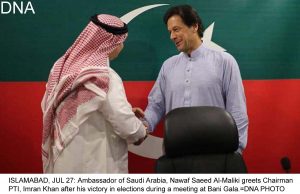 ISLAMABAD, JUL 27: Ambassador of Saudi Arabia, Nawaf Saeed Al-Maliki greets Chairman PTI, Imran Khan after his victory in elections during a meeting at Bani Gala.=DNA PHOTO