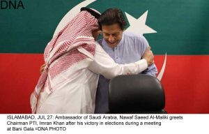 ISLAMABAD, JUL 27: Ambassador of Saudi Arabia, Nawaf Saeed Al-Maliki greets Chairman PTI, Imran Khan after his victory in elections during a meeting at Bani Gala.=DNA PHOTO