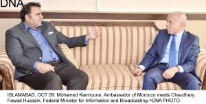 ISLAMABAD, OCT 09: Mohamed Karmoune, Ambassador of Morocco meets Chaudhary Fawad Hussain, Federal Minister for Information and Broadcasting.=DNA PHOTO