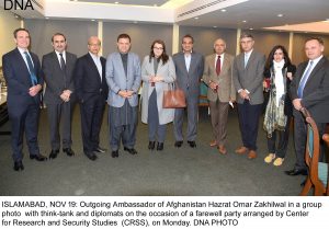 ISLAMABAD, NOV 19: Outgoing Ambassador of Afghanistan Hazrat Omar Zakhilwal in a group photo  with think-tank and diplomats on the occasion of a farewell party arranged by Center  for Research and Security Studies  (CRSS), on Monday. DNA PHOTO