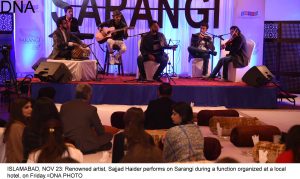 ISLAMABAD, NOV 23: Renowned artist, Sajjad Haider performs on Sarangi during a function organized at a local hotel, on Friday.=DNA PHOTO