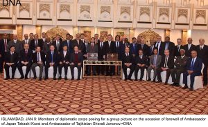 ISLAMABAD, JAN 9: Members of diplomatic corps posing for a group picture on the occasion of farewell of Ambassador of Japan Takashi Kurai and Ambassador of Tajikistan Sherali Jononov.=DNA