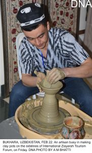 BUKHARA, UZBEKISTAN, FEB 22: An artisan busy in making clay pots on the sidelines of International Ziayarah Tourism Forum, on Friday. DNA PHOTO BY A M BHATTI