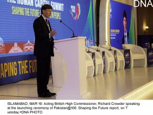 ISLAMABAD, MAR 19: Acting British High Commissioner, Richard Crowder speaking at the launching ceremony of Pakistan@100: Shaping the Future report, on Tuesday.=DNA PHOTO