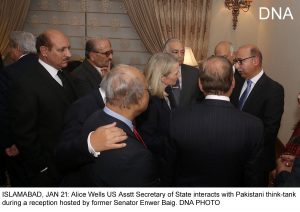 ISLAMABAD, JAN 21: Alice Wells US Asstt Secretary of State interacts with Pakistani think-tank during a reception hosted by former Senator Enwer Baig. DNA PHOTO